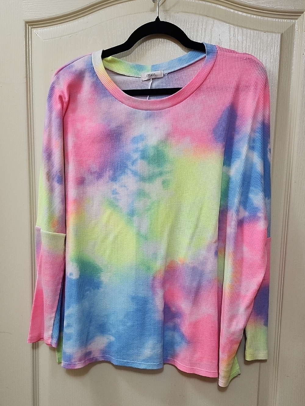CHERISH PASTEL TIE-DYE OVERSIZED WAFFLE KNIT LONG SLEEVE SHIRT